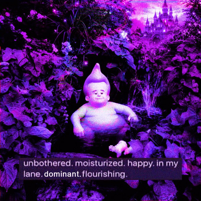 A purple-tinted fantasy image of a garden gnome-like figurine in a lush setting with a castle, captioned 'unbothered. moisturized. happy. in my lane. dominant. flourishing.'