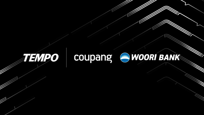 The image displays the logos of Tempo, Coupang, and Woori Bank against a sleek black background with abstract line designs. It visually represents the partnership announced in the post, where Coupang and Woori Bank completed Korea's first end-to-end KRW stablecoin payment on the Tempo blockchain.