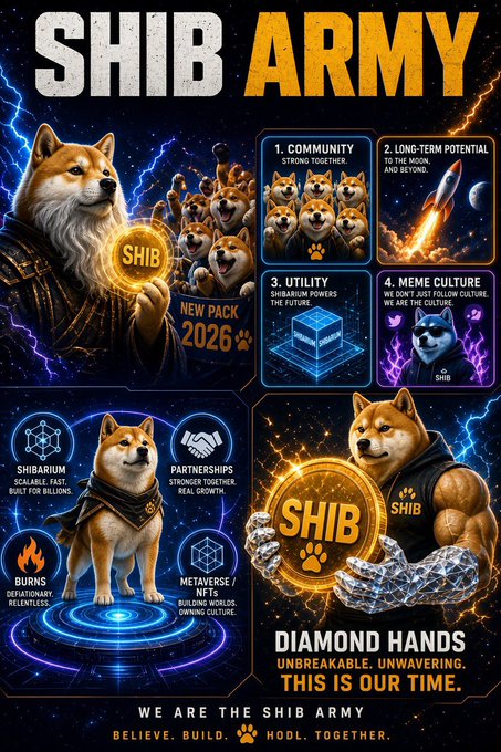A colorful digital promotional graphic titled "SHIB ARMY" featuring Shiba Inu dogs in armor, with sections detailing "COMMUNITY," "UTILITY," and "MEME CULTURE," along with various slogans like "DIAMOND HANDS."