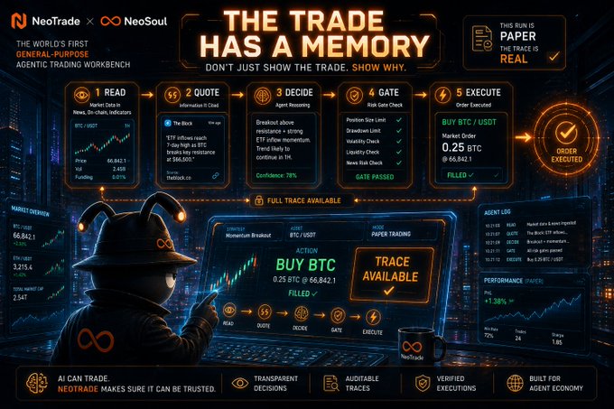 A promotional graphic for 'NeoTrade × NeoSoul' titled 'THE TRADE HAS A MEMORY', showcasing a 5-step agentic trading process (READ, QUOTE, DECIDE, GATE, EXECUTE) with a character watching charts and trading BTC/USDT.