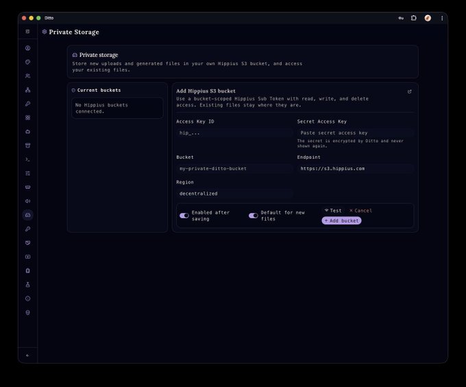 Screenshot of a 'Private Storage' configuration interface in Ditto showing fields to add a HippIus S3 bucket, including Access Key ID, Secret Access Key, Bucket name, Endpoint, and Region settings.
