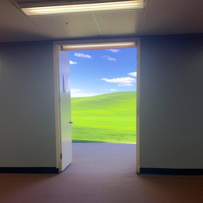 An open white door in an empty office room revealing a bright green rolling hill landscape under a blue sky with scattered clouds.