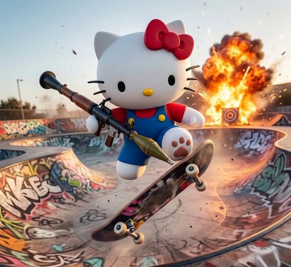 The image features a cartoon Hello Kitty character riding a skateboard, holding a gun and shooting at a firework display. The scene takes place in a skate park with graffiti-covered walls surrounding the area. The caption of the image includes the hashtag #RPGKITTY and mentions that it is being sent to the moon as part of a meme collection.