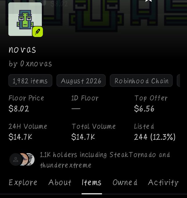 A screenshot of a digital marketplace interface shows a collection named 'novas' by '0xnovas', featuring 1,982 items, a floor price of $8.02, and a top offer of $6.56.