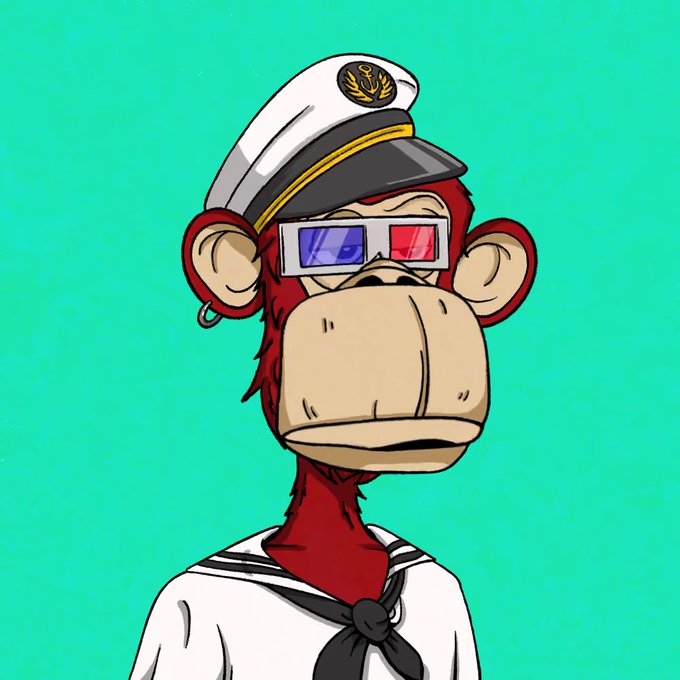 A cartoon illustration of a monkey wearing a white sailor hat with a gold emblem and 3D glasses with red and blue lenses, set against a teal background.