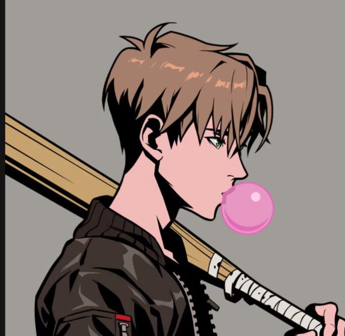 An anime-style illustration shows a brown-haired male character in profile blowing a pink bubblegum bubble while carrying a wooden bat or pole over his shoulder against a gray background.