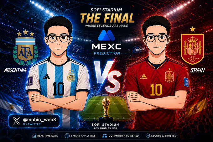 A promotional graphic for the "MEXC Prediction" market featuring a "Final" matchup at SoFi Stadium between Argentina and Spain, with cartoon-style player avatars wearing the #10 jersey alongside their national team crests and a golden World Cup trophy.

The image visually reinforces the MEXC Prediction Market post by illustrating its football prediction concept with a high-stakes Argentina vs. Spain final matchup, encouraging fans to engage with prediction markets.