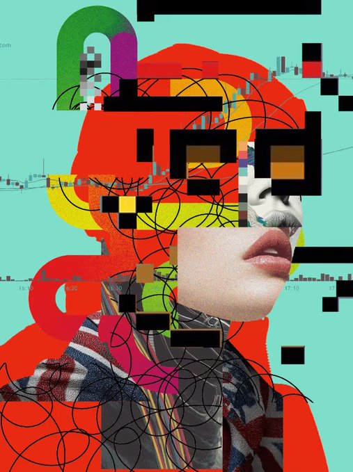 A complex glitch-art collage combines a partial image of a person's face with abstract geometric shapes, chaotic black line scribbles, pixelated blocks, and bright red, green, and cyan color blocks.