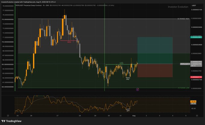A TradingView candlestick chart for the PEPEUSDT Perpetual Swap Contract on Aug 5, showing price action between roughly 0.0000028 and 0.0000034 with various technical analysis zones marked.