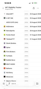 A screenshot of an "NFT Eligibility Tracker" app lists various NFT projects like BAYC, Azuki, and Doodles, all marked as "OPEN" with August 2026 dates.