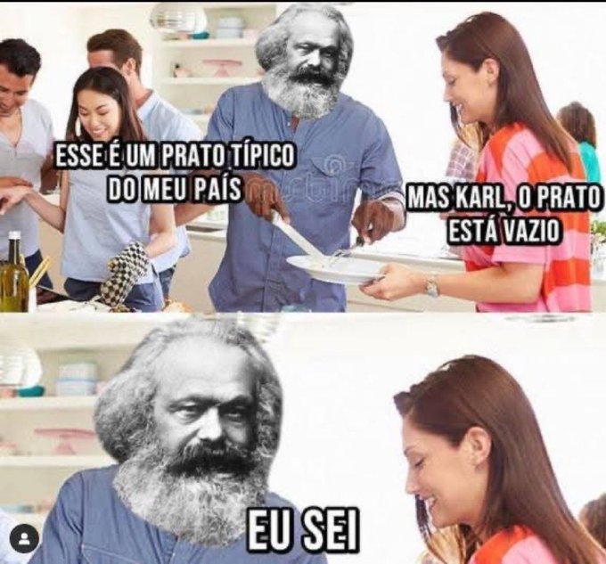 A two-panel meme using the 'Karl Marx eating an empty plate' format, with Portuguese text reading 'ESSE É UM PRATO TÍPICO DO MEU PAÍS', 'MAS KARL, O PRATO ESTÁ VAZIO', and 'EU SEI'.