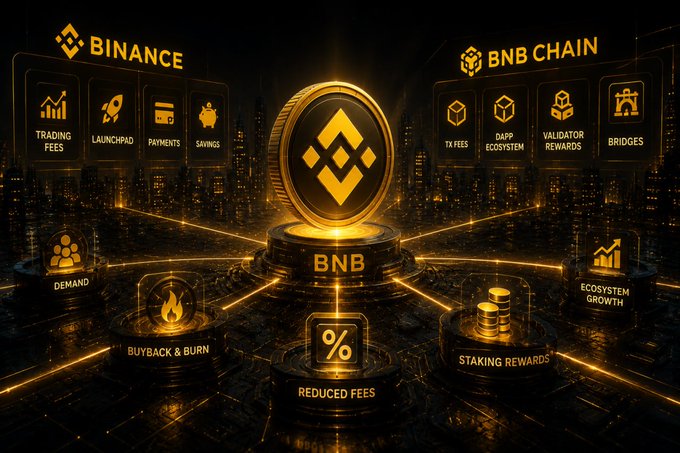 A promotional graphic showing the Binance and BNB Chain ecosystem with a central golden BNB coin surrounded by features including Trading Fees, Launchpad, Payments, Savings, TX Fees, DApp Ecosystem, Validator Rewards, Bridges, Buyback & Burn, Reduced Fees, Staking Rewards, Demand, and Ecosystem Growth.