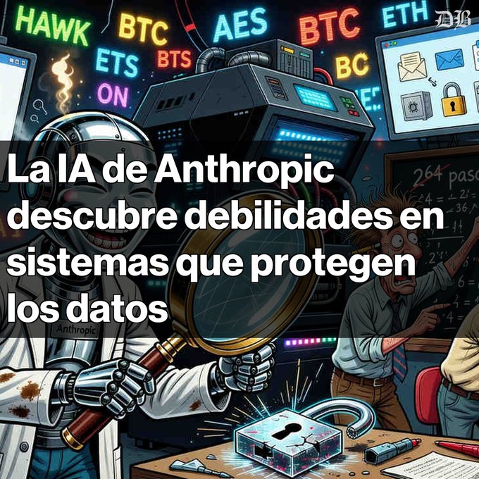 A vibrant, chaotic illustration features an AI robot in a lab with text overlay in Spanish: 'La IA de Anthropic descubre debilidades en sistemas que protegen los datos'.