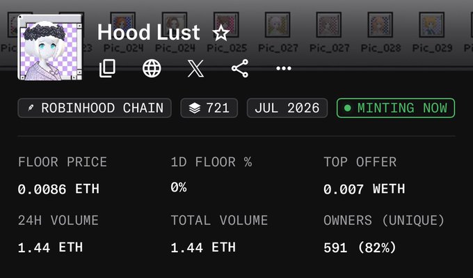 The image shows an NFT collection page titled "Hood Lust" on the Robinhood Chain, with 721 items currently minting, displaying a floor price of 0.0086 ETH, top offer of 0.007 WETH, and 591 unique owners (82%). The stats support the post's emphasis on the collection's perfect supply, highlighting its active minting phase and strong owner participation at an accessible price point.