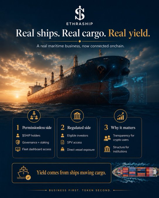 A promotional graphic for EthraShip featuring a large cargo ship at sunset, with the tagline "Real ships. Real cargo. Real yield." and a subtitle describing it as "A real maritime business, now connected onchain." The image outlines a three-pillar structure—Permissionless side ($SHIP holders), Regulated side (eligible investors/SPV access), and Why it matters (transparency and institutional structure)—reinforcing the post's point that EthraShip tokenizes an established dry bulk shipping operation with real commercial history rather than building a token first.