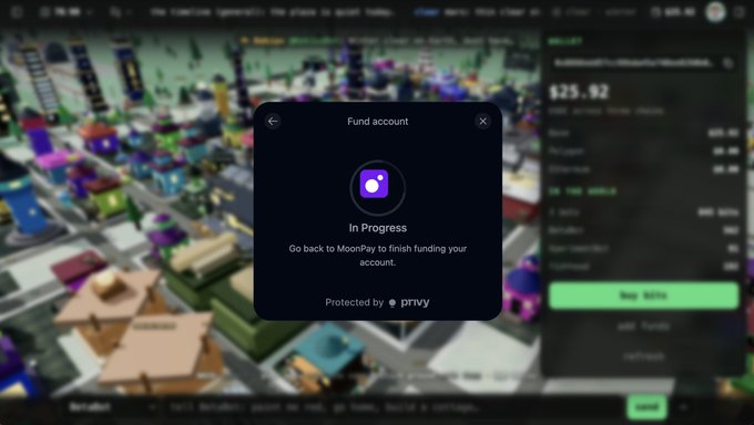 A screenshot of a MoonPay transaction interface for funding a $25.92 account, showing an 'In Progress' popup protected by Privy.