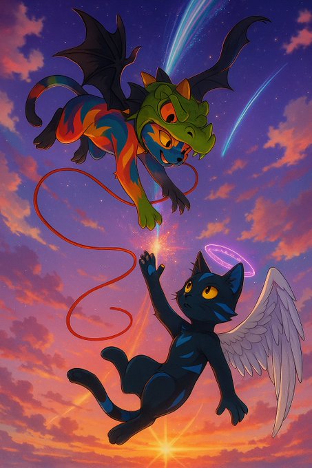 A colorful digital illustration featuring a green and red dragon-like creature flying above a winged black cat with a glowing halo, set against a dramatic sunset sky.