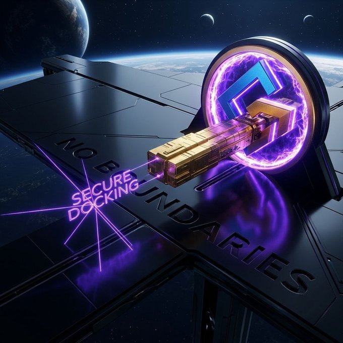 A sci-fi illustration depicts a glowing gold key with a purple energy ring inserted into a keyhole labeled 'NO BOUNDARIES' with 'SECURE DOCKING' text, set against a space backdrop.