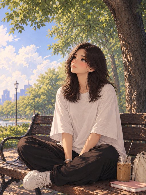 An anime-style illustration of a young woman with brown hair sitting cross-legged on a park bench under trees, with a coffee cup beside her.