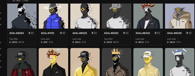 A grid of 12 NFT avatars from the "404s" collection is displayed on what appears to be an OpenSea marketplace page, showing items numbered #8284, #1125, #8025, #8262, #8342, #8026, and others, with prices listed in ETH (ranging from 0.0019 to 0.0039 WETH). The post announces the official reveal of the collection and invites users to share their favorite "grails," directly linking to the OpenSea collection page shown in the image.