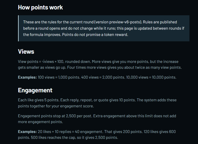 A documentation page titled 'How points work' explaining a points system with formulas for Views points (√views × 100) and Engagement points (5 per like, 10 per reply/repost, capped at 2,500 per post).
