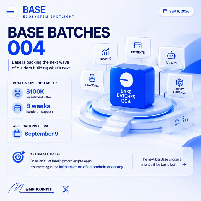 A promotional graphic for 'BASE BATCHES 004' dated September 8, 2026, featuring a $100K investment offer and 8 weeks of support for builders, with a watermark '@MRHO3IN1STI'.