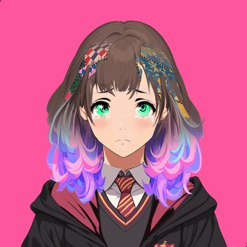 Anime-style illustration of a girl with colorful gradient hair (blue, purple, and pink) wearing a Hogwarts-style school uniform against a bright pink background.