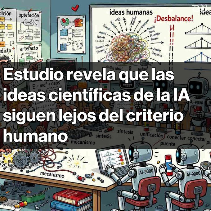A Spanish-language article titled 'Estudio revela que las ideas científicas de la IA siguen lejos del criterio humano' overlaid on an illustration of robots working at desks with scientific diagrams and a tangled brain labeled 'ideas humanas'.