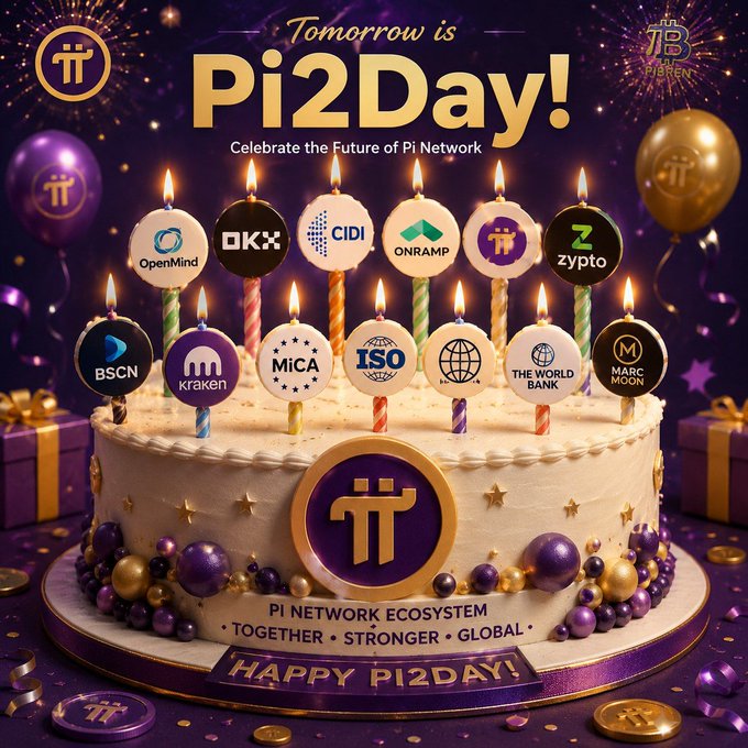 A festive purple and gold "Happy Pi2Day!" birthday cake image featuring candles branded with Pi Network ecosystem partners including OpenMind, OKX, CIDI, OnRamp, and Kraken, alongside regulatory and financial standards like MiCA, ISO, and The World Bank, visually celebrating Pi Network's annual June 28 milestone and its growing global utility—aligning with the post's call to expand real-world adoption, onboard merchants, and build a stronger, more inclusive ecosystem.