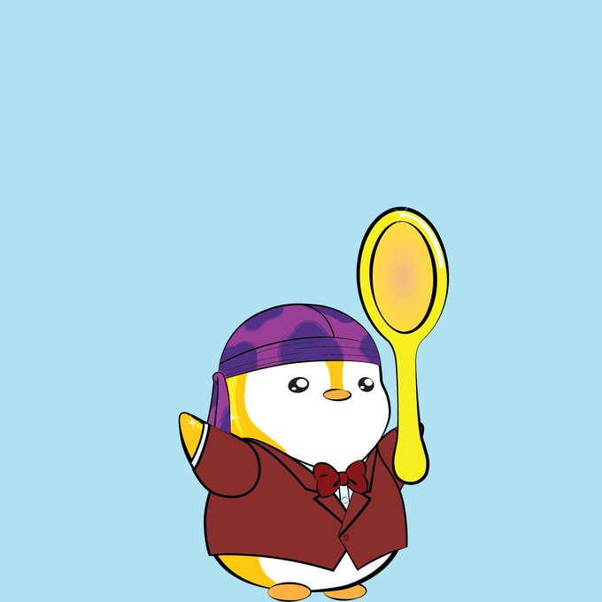 A cartoon illustration of a cute penguin wearing a purple bandana and a maroon suit jacket with a red bowtie, holding up a yellow hand mirror against a light blue background.