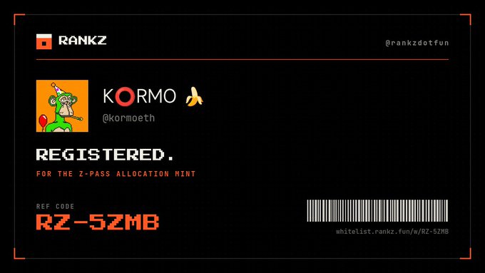 A dark-themed registration card for 'RANKZ' (@rankzdotfun) confirming user 'KORMO' (@kormoeth) is registered for the Z-Pass Allocation Mint, with reference code RZ-5ZMB and a barcode.
