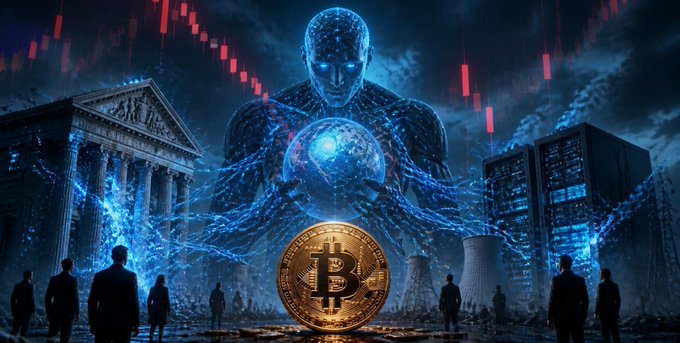 A digital artwork featuring a large ethereal figure holding a glowing orb, with a Bitcoin coin and stock market candlestick charts in a futuristic city.