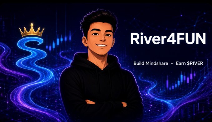 Digital avatar banner for 'River4FUN' with the tagline 'Build Mindshare • Earn $RIVER', featuring a cartoon man in a black hoodie against a blue chart background with a crowned river logo.
