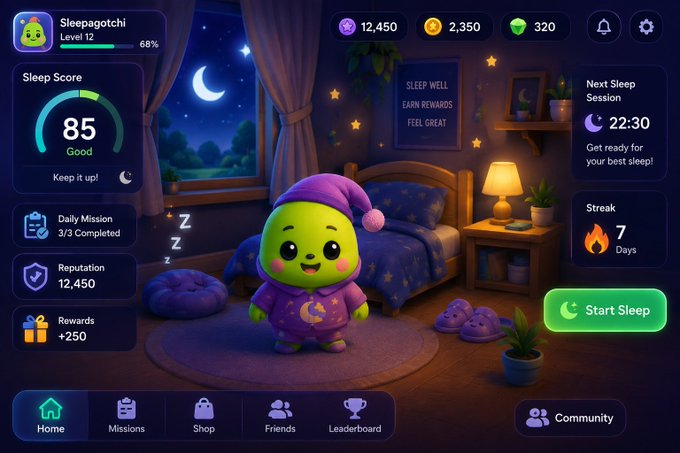 A mobile app interface for 'Sleepagotchi' featuring a cute green character in purple pajamas in a bedroom setting, displaying a Sleep Score of 85 (Good), Level 12 at 68% completion, 12,450 currency, 2,350 coins, 320 gems, and a 7-day streak with a 'Start Sleep' button.