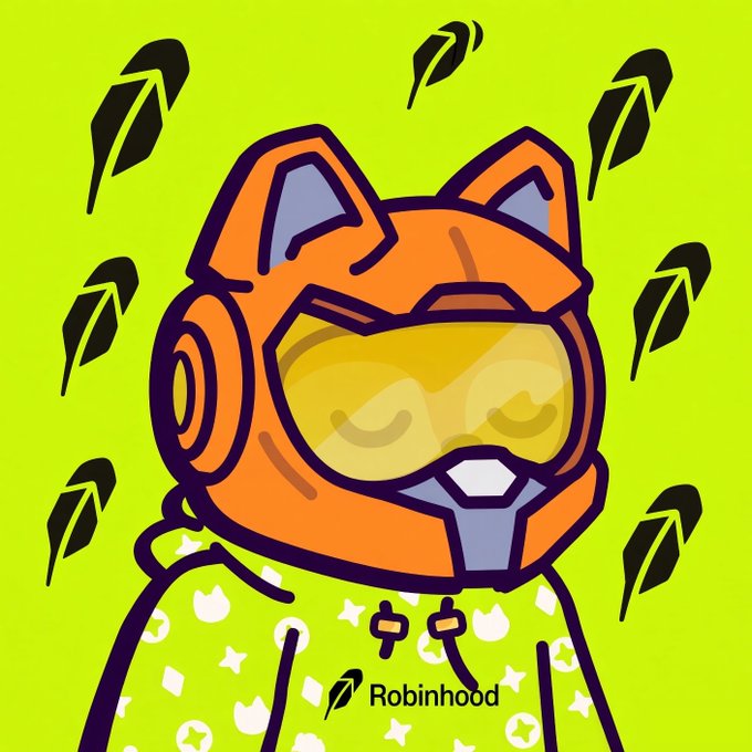 An illustration of a character wearing an orange cat-eared helmet with a yellow visor, dressed in a green Robinhood hoodie, surrounded by floating black feathers on a bright green background with the "Robinhood" logo displayed. The image relates to the post by depicting the user's "fall" into meme trading on Robinhood, humorously framing the platform itself as the meme-helmeted warrior who has captured them in the crypto trenches.