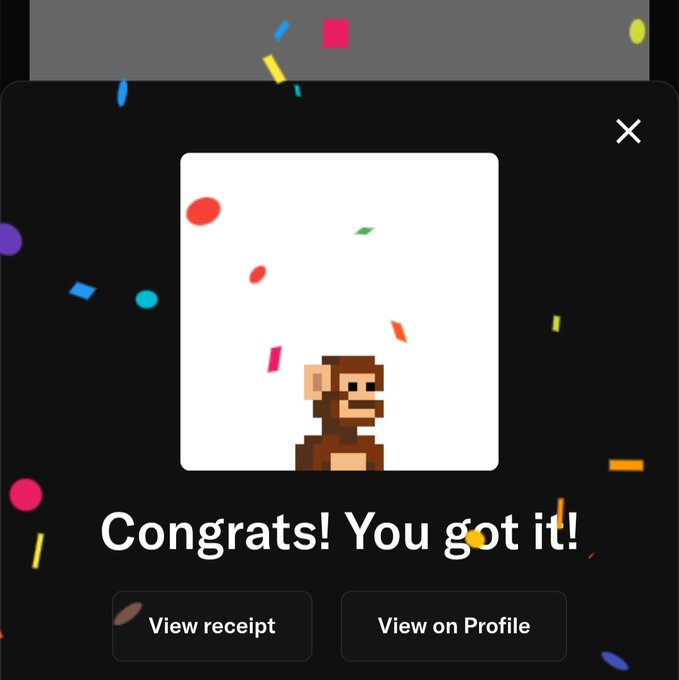 Pop-up screen with confetti and a pixel-art monkey saying 'Congrats! You got it!' with buttons to 'View receipt' or 'View on Profile'.