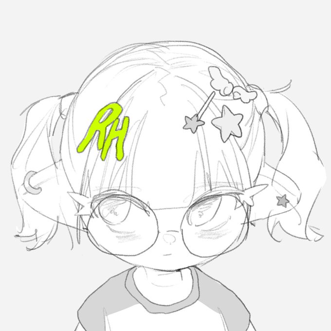 A digital sketch/drawing of a cute chibi-style character with pigtails, large round glasses, star hair accessories, and bright green 'RH' text on the bangs, drawn in pencil-style line art.