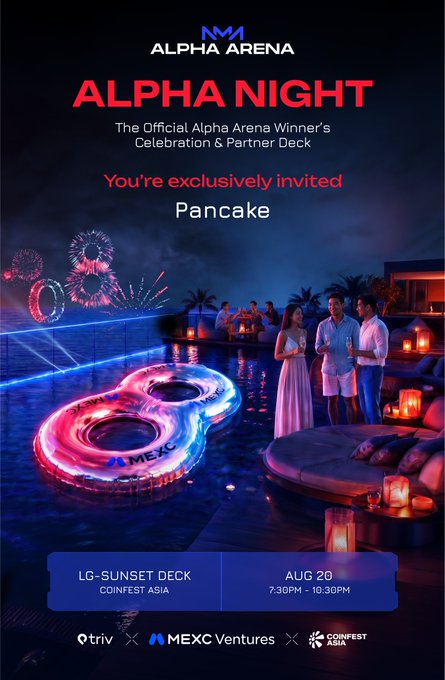 Invitation graphic for 'ALPHA NIGHT' by Alpha Arena, the Official Winner's Celebration & Partner Deck on AUG 20 from 7:30PM - 10:30PM at LG-SUNSET DECK, COINFEST ASIA, exclusively inviting 'Pancake' with MEXC and CoinFest Asia branding.