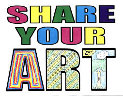 Colorful, child-like hand-drawn text reads 'SHARE YOUR ART' in varied bright colors and patterns.