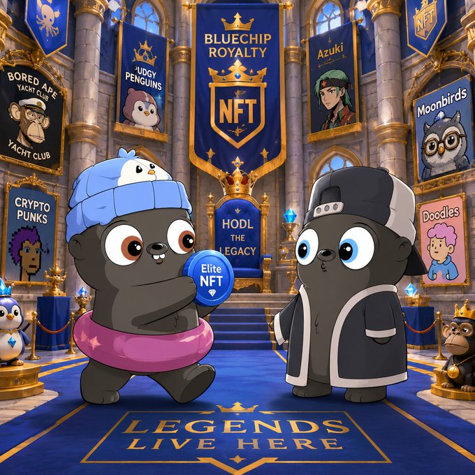 A fantasy castle scene titled 'BLUECHIP ROYALTY NFT - HODL THE LEGACY' featuring cartoon bears, penguins, and banners for famous NFT collections like 'Bored Ape Yacht Club', 'Azuki', 'Crypto Punks', 'Moonbirds', and 'Doodles' on a carpet reading 'LEGENDS LIVE HERE'.
