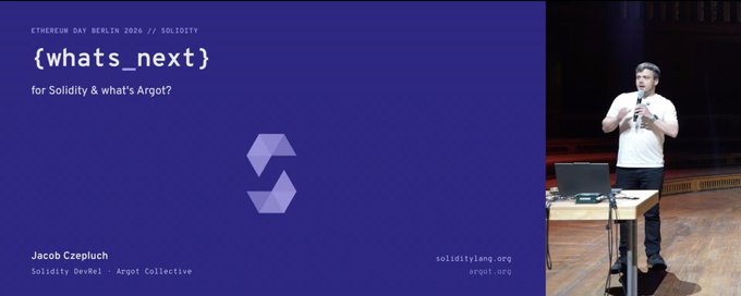 A presentation slide titled '{whats_next}' from Ethereum Day Berlin 2024 about Solidity & what's Argot?, featuring speaker Jacob Czepluch and the Solidity logo.