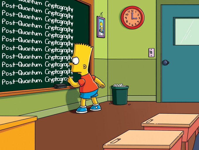 Bart Simpson writes "Post-Quantum Cryptography" repeatedly on a classroom chalkboard, humorously illustrating that the future of digital security is being chalked up as today's lesson. The repetitive lines emphasize how this emerging field is becoming an inescapable theme in modern cryptography discussions.