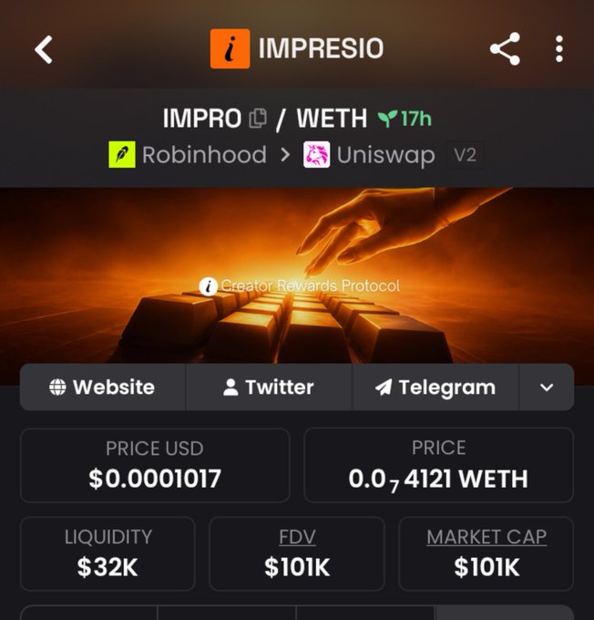A screenshot of a cryptocurrency tracking app showing the IMPRO/WETH token pair on Robinhood/Uniswap V2 for the Impresio project, with a price of $0.0001017 and a market cap of $101K.