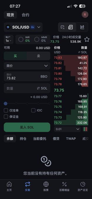 A screenshot of the Backpack Exchange mobile app showing the SOL/USD spot trading interface with a current price of 73.75 USD, an available balance of 0.00 USD, and a message indicating the user holds no assets—reflecting the poster's fresh sign-up experience with zero trading history on the platform.