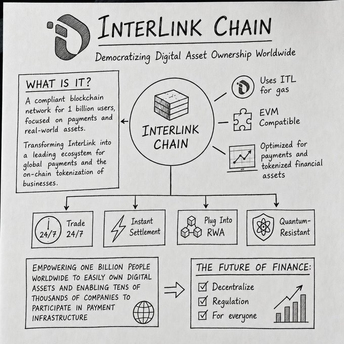 A hand-drawn infographic for 'Interlink Chain' describing it as a compliant blockchain for 1 billion users focused on payments and real-world assets, using ITL for gas and EVM compatible.
