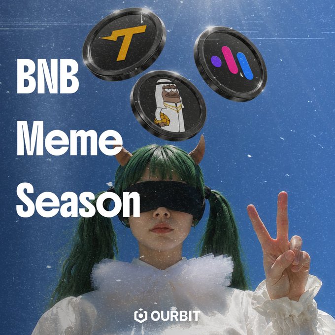 A promotional graphic for OURBIT's "BNB Meme Season" features a person with green hair and devil horns holding a peace sign, alongside floating tokens displaying the BMT (bull logo), TUT (barber character), and MUBARAK (pink and blue bars) logos, advertising the $200K reward campaign for trading these three meme coins on the BNB Chain.