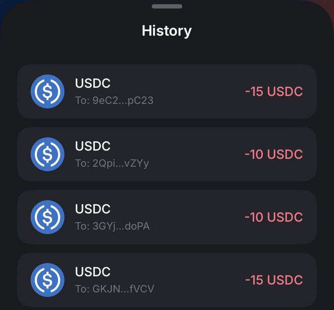 A screenshot of a USDC transaction history showing four recent outgoing transfers of $10–$15 each to abbreviated wallet addresses, visually confirming the multi-user tipping activity mentioned in the post.
