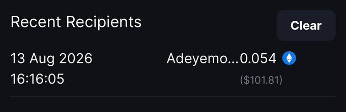A "Recent Recipients" interface shows a transaction dated 13 Aug 2026 at 16:16:05 from "Adeyemo..." for 0.054 (worth $101.81), with a blue Ethereum logo next to the amount. This supports the post's claim that approximately $100 in crypto was credited to the user's Metawin account.