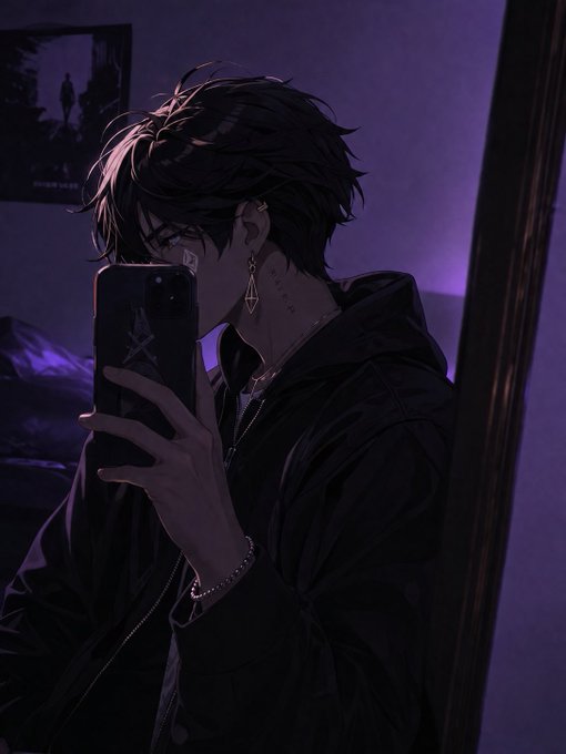 An anime-style illustration of a dark-haired young man in a black hoodie taking a mirror selfie with his phone in a dimly lit, purple-hued room.