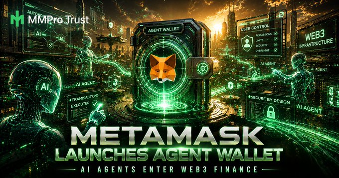 The image features an advertisement for a new product called "MetaMask" that is designed for AI agents. The product is described as a wallet that allows users to manage their finances while also having control over their transactions, making it easier for them to interact with the system. The image shows several people interacting with the MetaMask wallet in various ways, such as placing money into or taking out funds from the wallet.